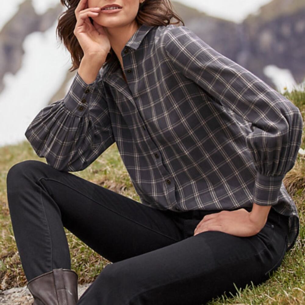 Garnet Hill Gray Plaid Organic Cotton Button Down Gauze Shirt - Picture 3 of 11